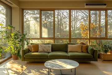 Fototapeta premium Minimalist, Mid century Modern Interior in a lighted living room with a green sofa. Generative AI 