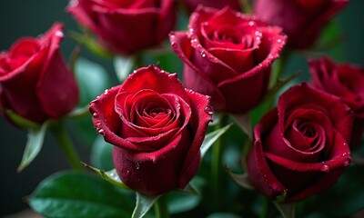 Red roses water droplets lush petals romantic flowers