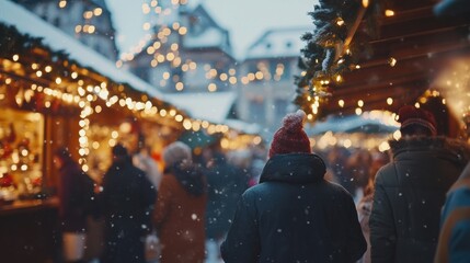 Visitors explore a festive winter market adorned with lights