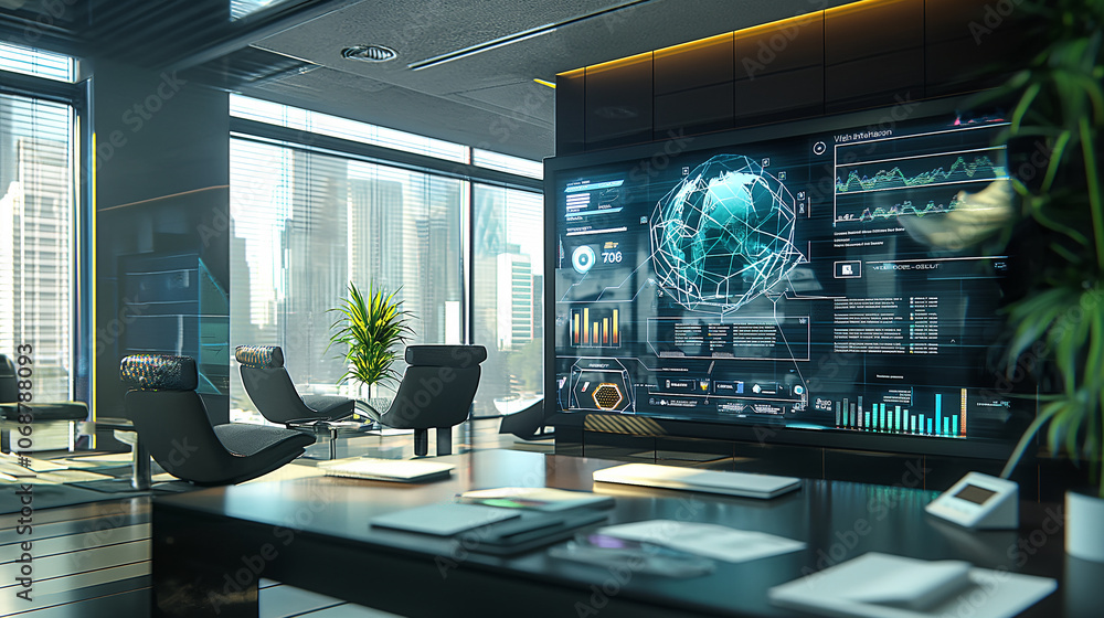 Poster interactive touchscreen with a digital interface for data analytics, surrounded by documents and mod