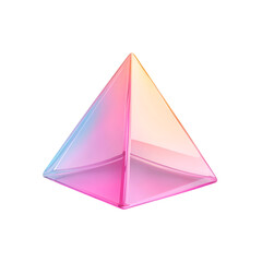 A shiny, colorful pyramid with smooth surfaces, reflecting light in a gradient of pink and blue against a black background.