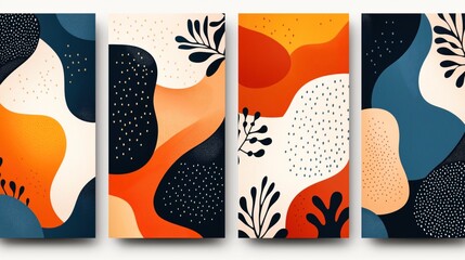 Fototapeta premium Abstract art panels with vibrant geometric shapes, organic patterns, and bold colors including orange, navy, and cream, featuring dotted textures and leaf motifs.