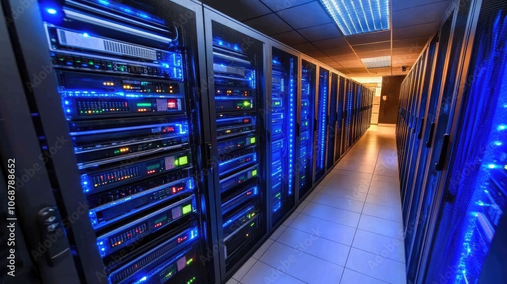 Poster modern data center with illuminated server racks
