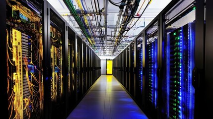 Modern Data Center with Bright LED Lights