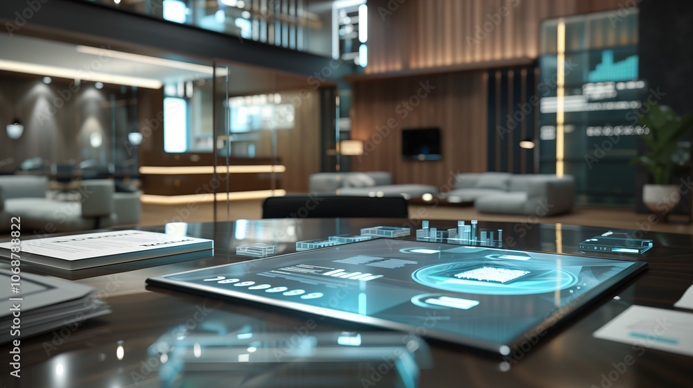 Poster interactive touchscreen with a digital interface for data analytics, surrounded by documents and mod
