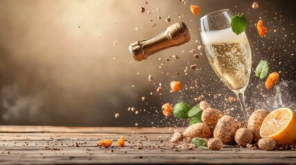 Champagne cork launches toward delicate glass as bubbles erupt with joyful celebration