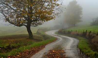 Obraz premium Autumn landscape with lonely tree on the road in foggy morning