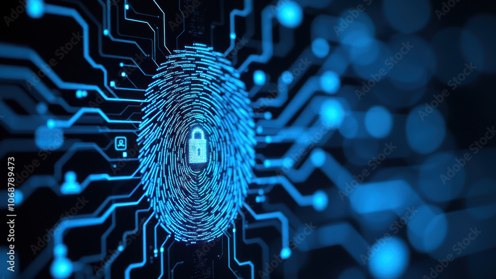 Poster fingerprint security over a circuit board with cybernetic blue glows and illuminated dots.