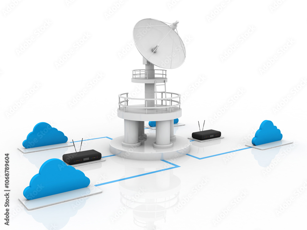 Poster 3d rendering satellite dish and spaceship with wifi modem