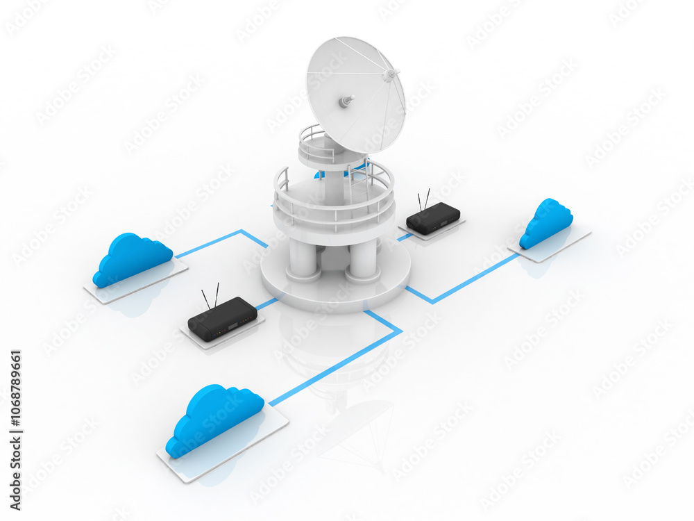 Poster 3d rendering satellite dish and spaceship with wifi modem