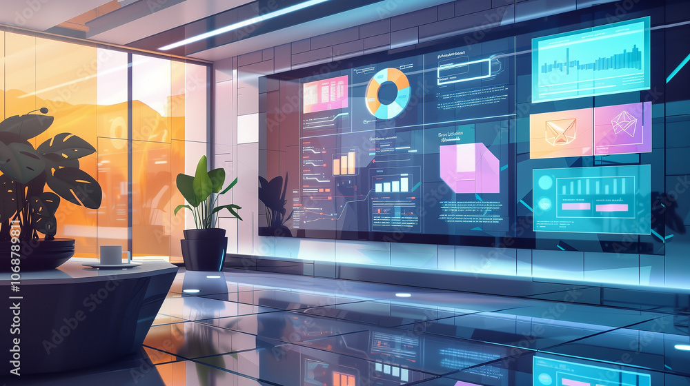 Aufkleber interactive touchscreen with a digital interface for data analytics, surrounded by documents and mod