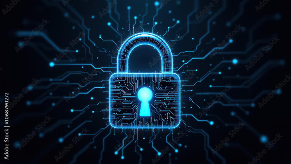 Poster digital lock with glowing blue neon cyber background symbolizing cybersecurity and data protection.