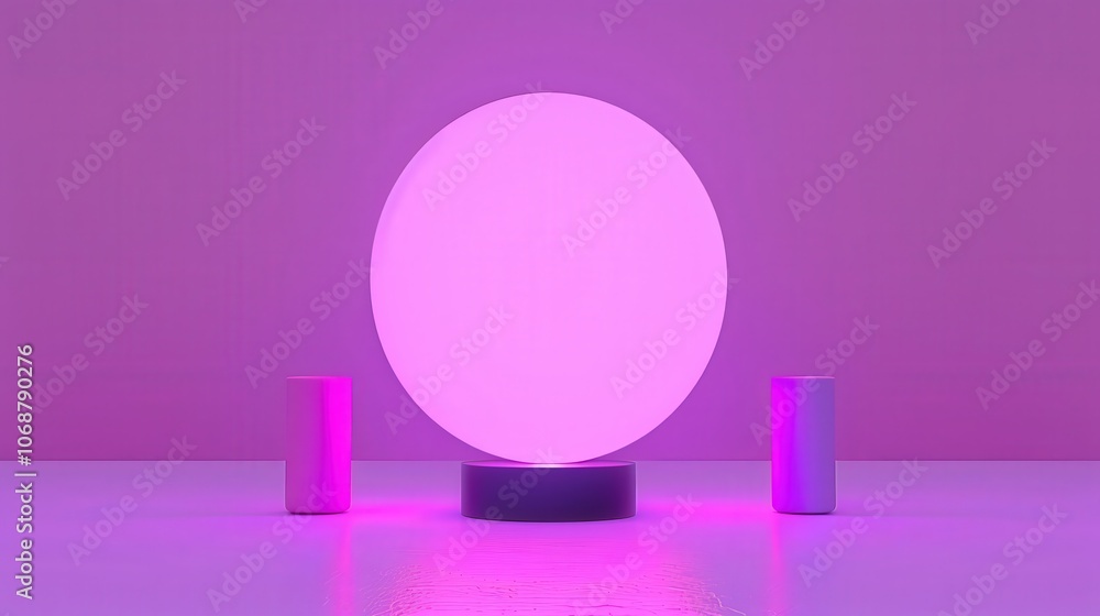 Aufkleber a glowing pink orb surrounded by cylindrical objects on a reflective surface, creating a modern and 