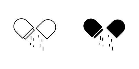 Open capsule pill icon symbol collection on white background.