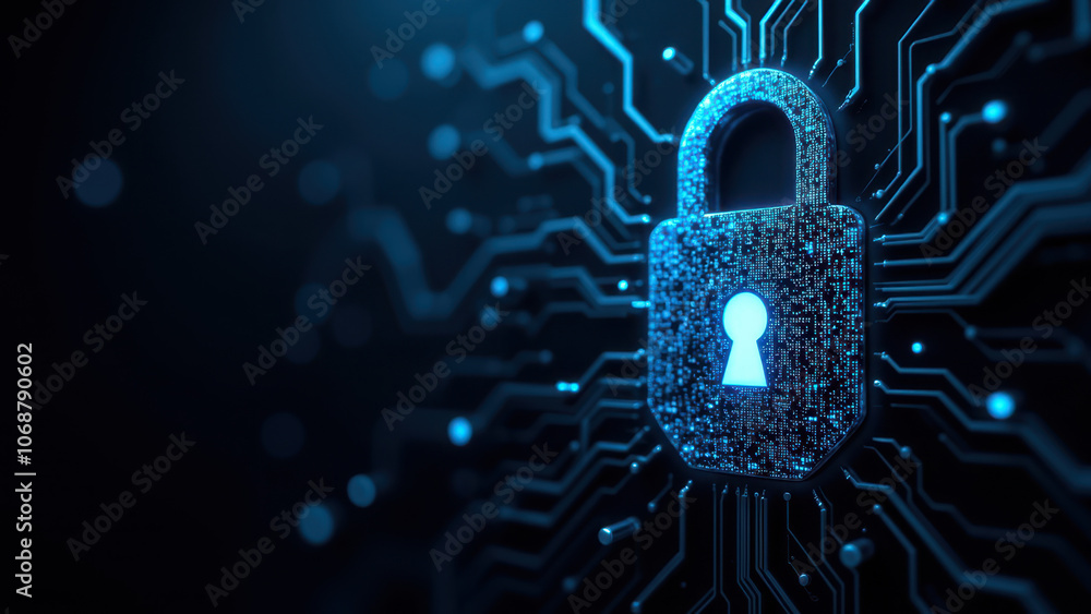 Poster a digital lock symbol with a circuit board background, representing cybersecurity.