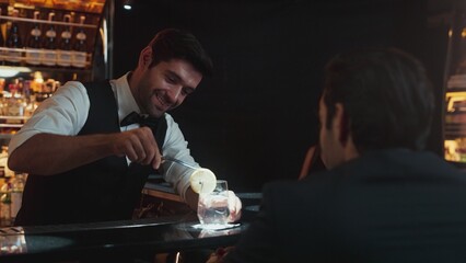 Smart bartender serving drink gin fizz with lemon sliced to VIP guest while waiting friend at luxurious counter bar. Barman providing excellent service at vibrant nightlife party atmosphere. Vinosity.