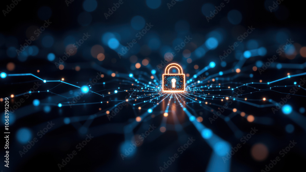 Poster network security with a lock and key at its center.
