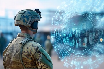 Soldier in advanced helmet viewing holographic interface with data and human figures for strategic analysis in military environment. Augmented reality technology for tactical operations