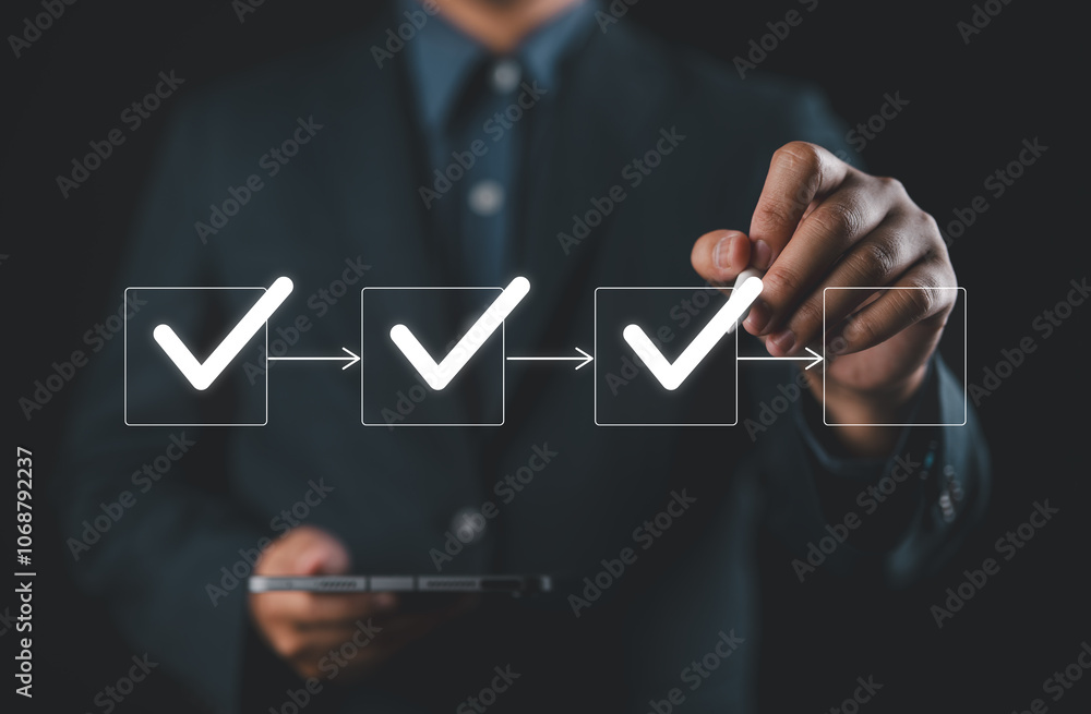 Fototapete Checklist, Workflow Process for Quality Assurance. Marks checkboxes in digital checklist, step-by-step workflow process for quality assurance, document control, focusing on systematic task completion.