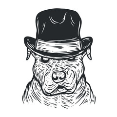 Monochrome hand drawn dog head in hat isolated on white background. Vector illustration for tattoo, print, emblem.