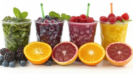 Four colorful smoothies in plastic cups with straws, garnished with mint, orange slices, and surrounded by blueberries and blood oranges for a tropical and refreshing presentation.


