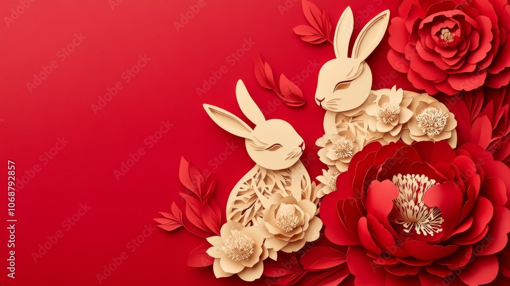 Poster a red background with two rabbits and a flower