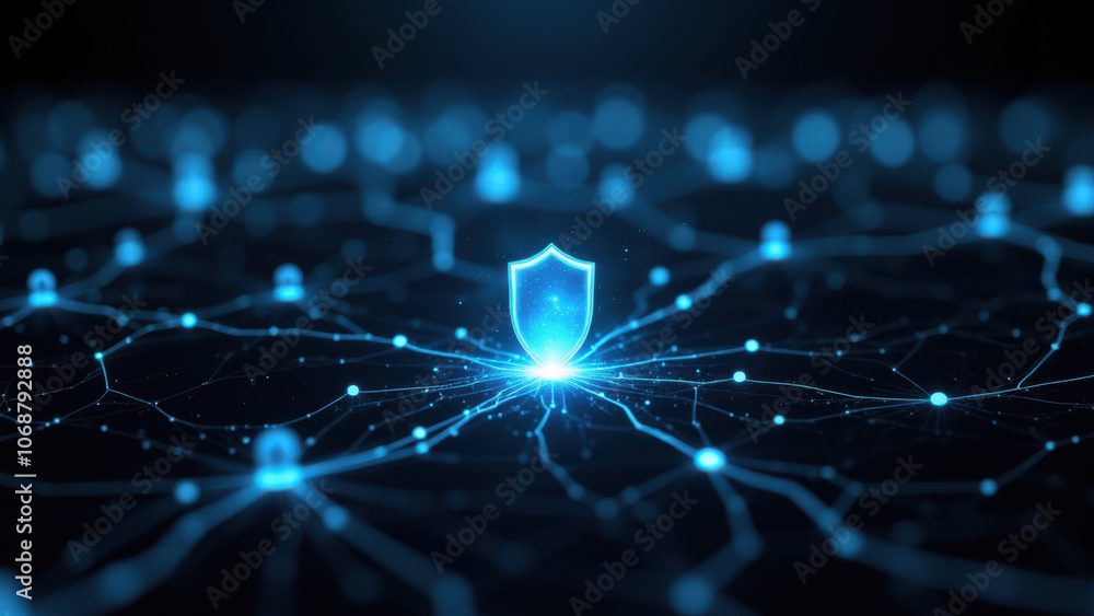 Poster cybersecurity shield within a digital network.