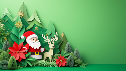 Christmas festival decorations with cute Santa Claus and reindeer clear background with copy space for text , paper art