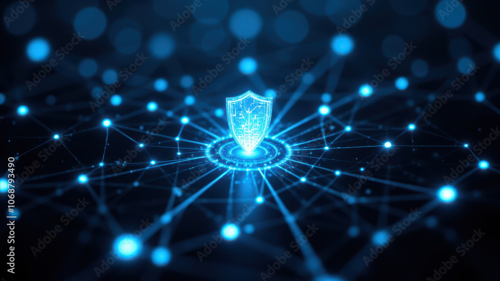 Aufkleber a glowing blue computer network with a shield icon at its center representing cybersecurity.