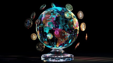Vibrant holographic globe displaying cryptocurrency symbols  the future of digital finance