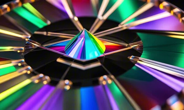 Close-up of a spinning crystal wheel reflecting light in prismatic colors