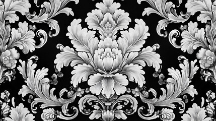 Black and White Ornate Baroque Floral Pattern on Dark Background
