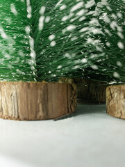 christmas tree in the snow close up background