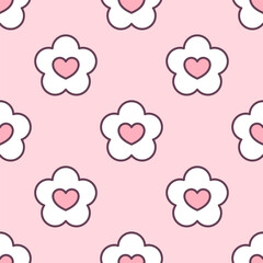 White flowers and hearts with outline on soft pink pastel background. Vector seamless pattern.