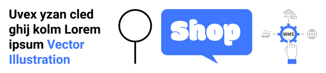 Keywords in blue and black text with a search icon and a shopping gear. Ideal for online shopping, e-commerce, digital marketing, retail industry, and website development. Banner for landing page