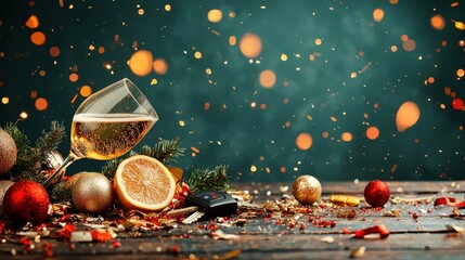 A spilled glass of alcohol and car keys create a festive scene of celebration and caution