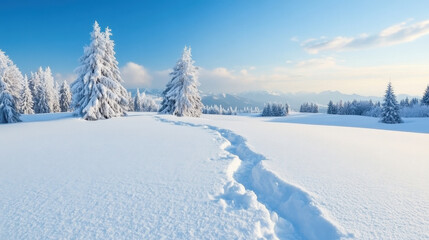 Obraz premium Snowy winter landscape with majestic mountains, frozen trees, and a clear blue sky