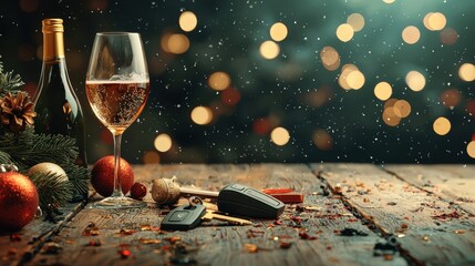 Spilled glass of alcohol and car keys on a festive table create a cautionary scene