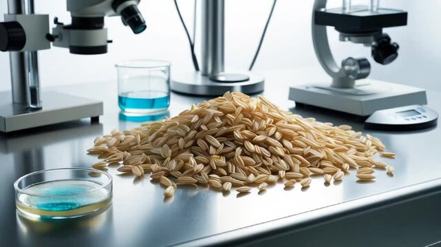 Grains on the table in the laboratory, product quality analysis