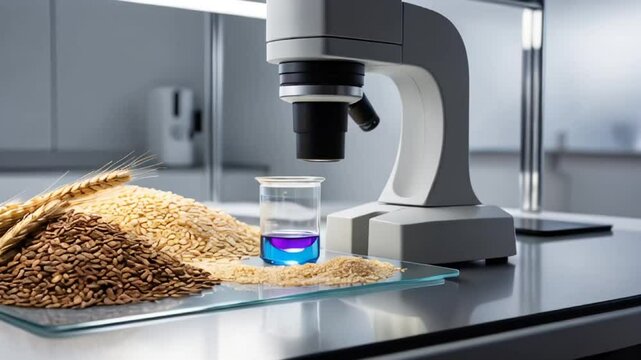 Grains on the table in the laboratory, product quality analysis