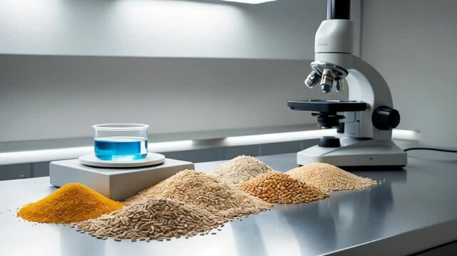 Grains on the table in the laboratory, product quality analysis