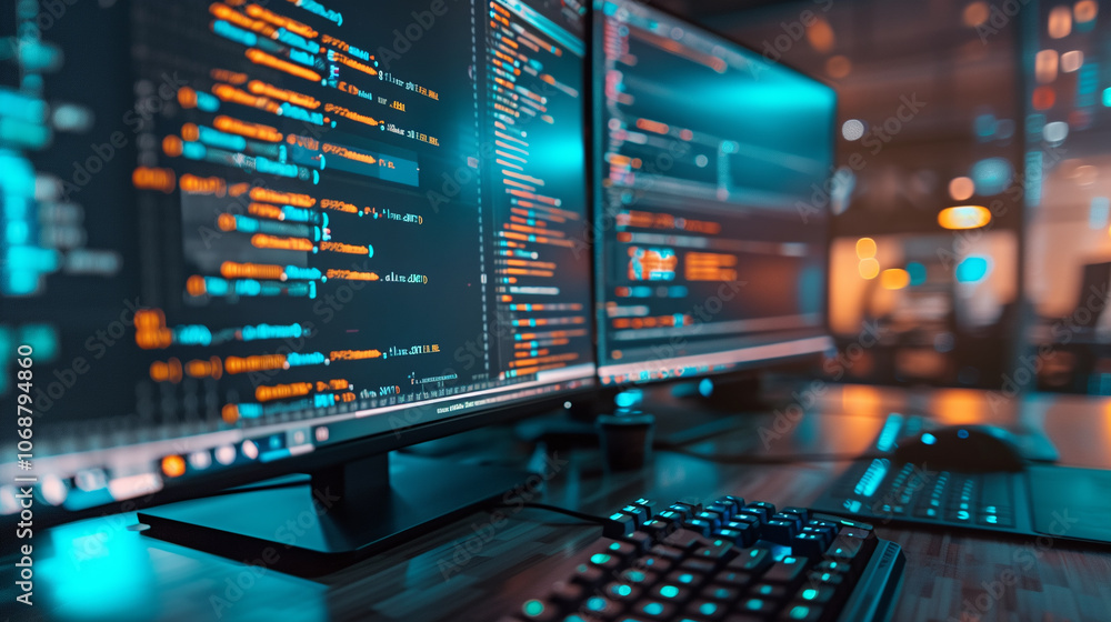 Poster programmer's workspace with dual screens displaying code and a cybersecurity alert dashboard, in a d