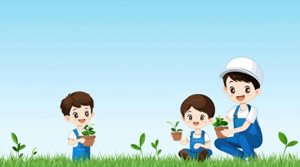 Obraz premium Children planting small plants in green grass, colorful cartoon style, blue sky.