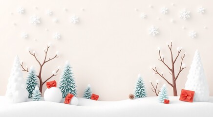 Festive Winter Scene with Trees, Snow, and Gifts.
