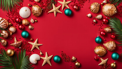 Summer Christmas background with palm leaves, seashells, sea stars, red and gold ornaments on red background. Flat lay or top view of copy space decoration for banner design or digital backdrop.