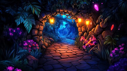 Fototapeta premium Enchanting path through a vibrant forest with glowing lanterns and blooming flowers.