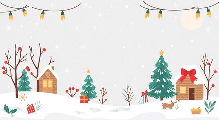 Winter wonderland with snow covered houses, Christmas trees, and reindeer.