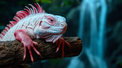 Iguana resting on a log near a waterfall, showcasing its unique features.