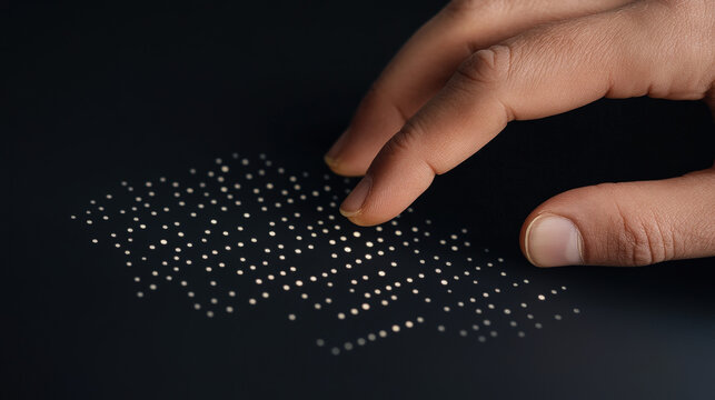Close-up of blind person’s hand reading Braille on a modern touchscreen