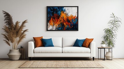 Modern living room with stylish sofa, decorative pillows, and vibrant artwork.